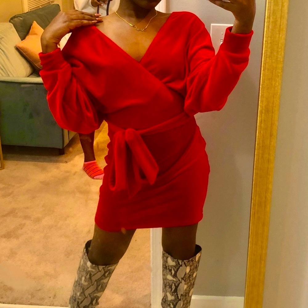 AKIRA Red Bishop Sleeve Bodycon Dress